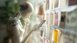 Image d'une figure IA translucide éclairée par une lumière naturelle douce avec des applications autour.