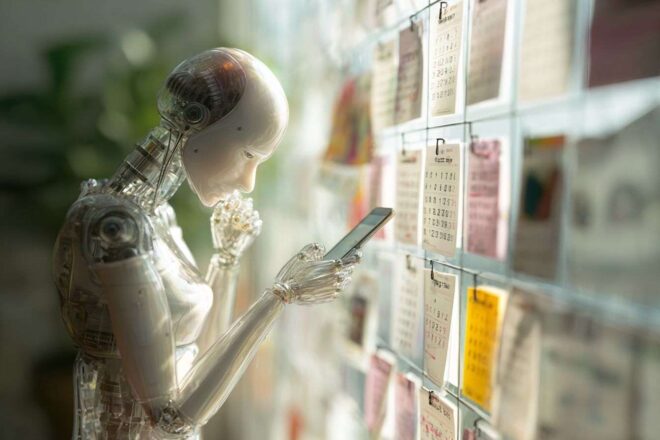 Image d'une figure IA translucide éclairée par une lumière naturelle douce avec des applications autour.